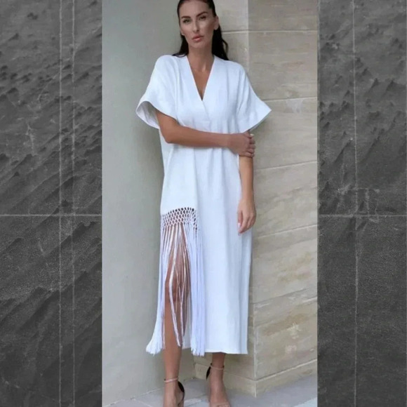 Zara Womens Bloggers Fave Linen Macrame Fringed Midi Dress White Size Medium - Picture 16 of 16